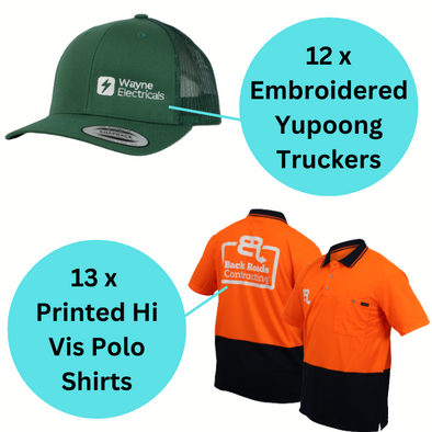 12 x Embroidered Yupoong Trucker Caps & 13 x Printed Hi Vis Polo Shirts (LIMITED TIME SPECIAL)