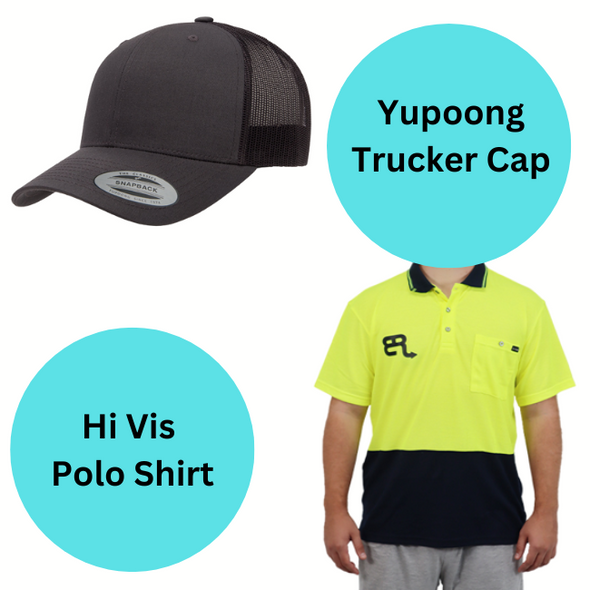 25 x Embroidered Yupoong Trucker Caps & 25 x Printed Hi Vis Polo Shirts (LIMITED TIME SPECIAL)
