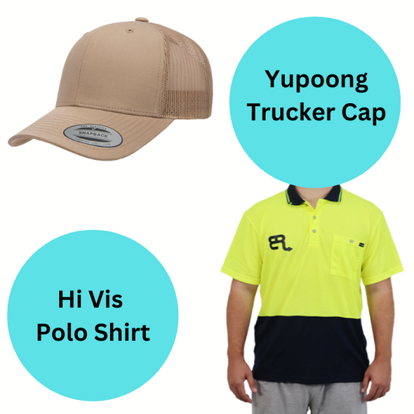 12 x Embroidered Yupoong Trucker Caps & 13 x Printed Hi Vis Polo Shirts (LIMITED TIME SPECIAL)