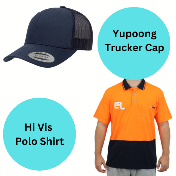 25 x Embroidered Yupoong Trucker Caps & 25 x Printed Hi Vis Polo Shirts (LIMITED TIME SPECIAL)